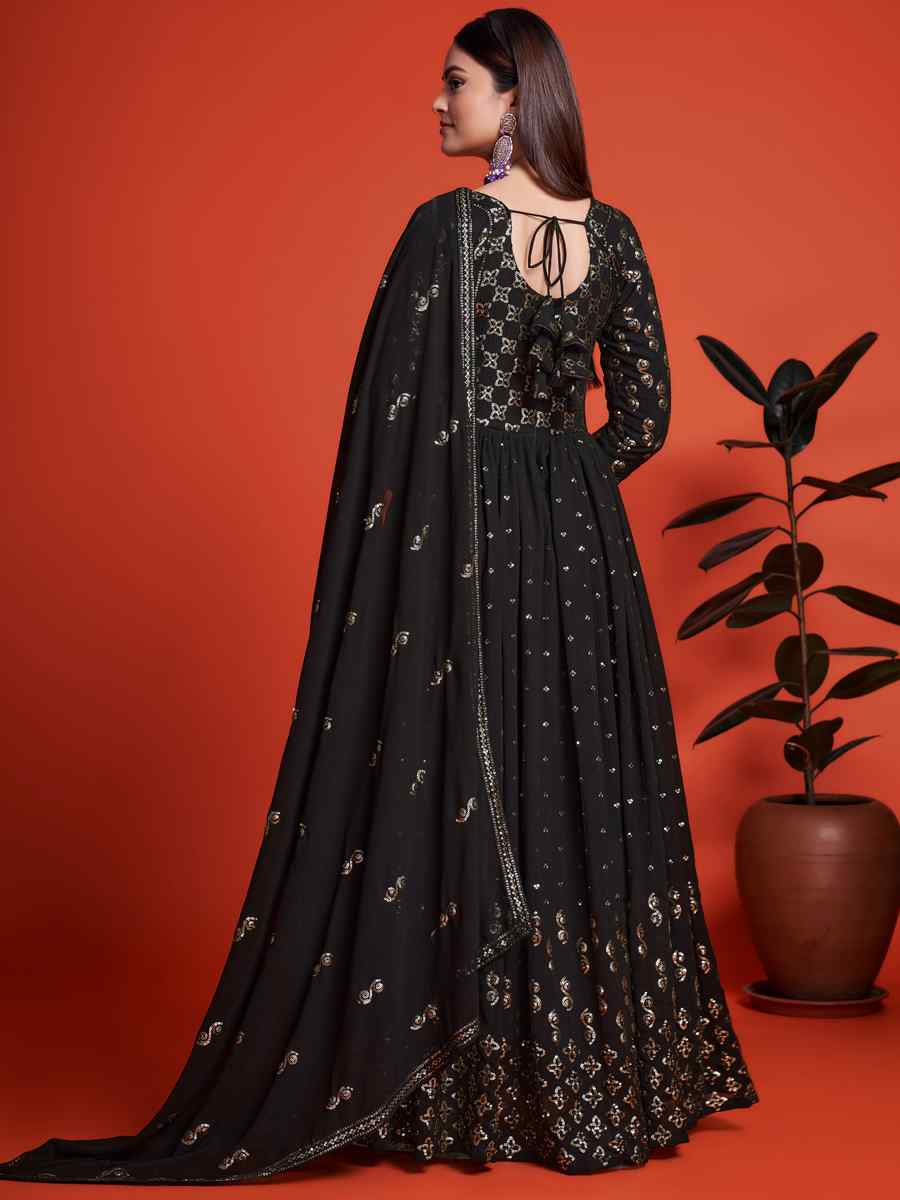 Black Blooming Georgette Embroidered Festival Mehendi Gown