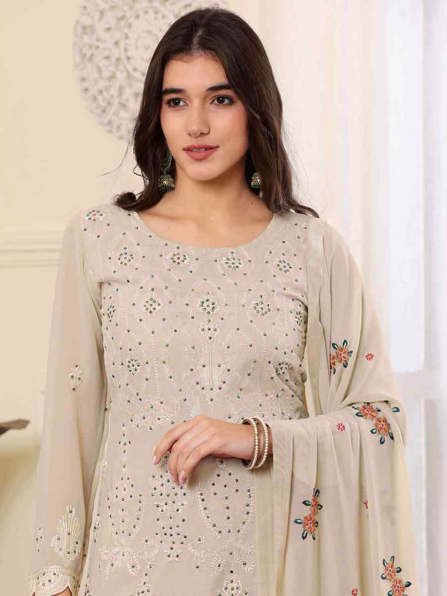 Beige Georgette Embroidered Festival Casual Pant Salwar Kameez