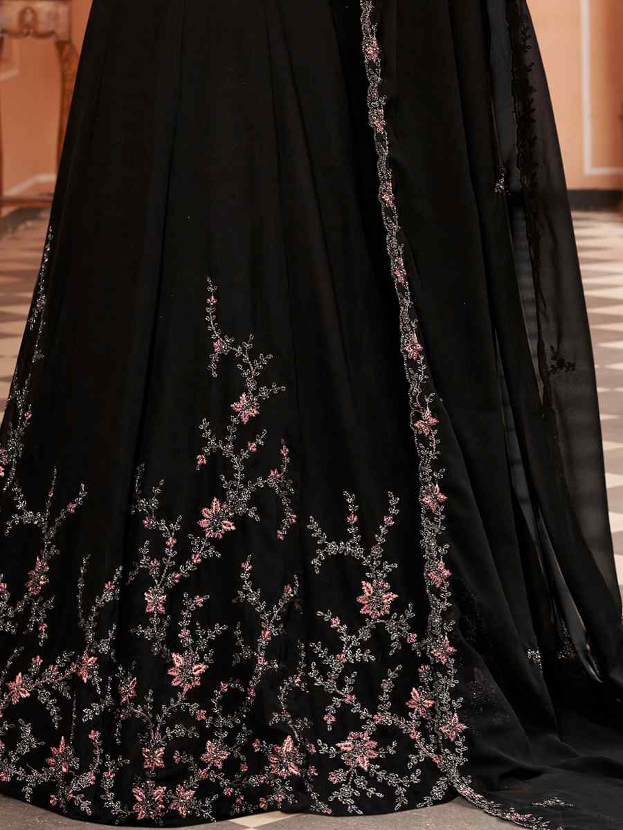 Black Blooming Faux Georgette Embroidered Festival Wedding Anarkali Salwar Kameez