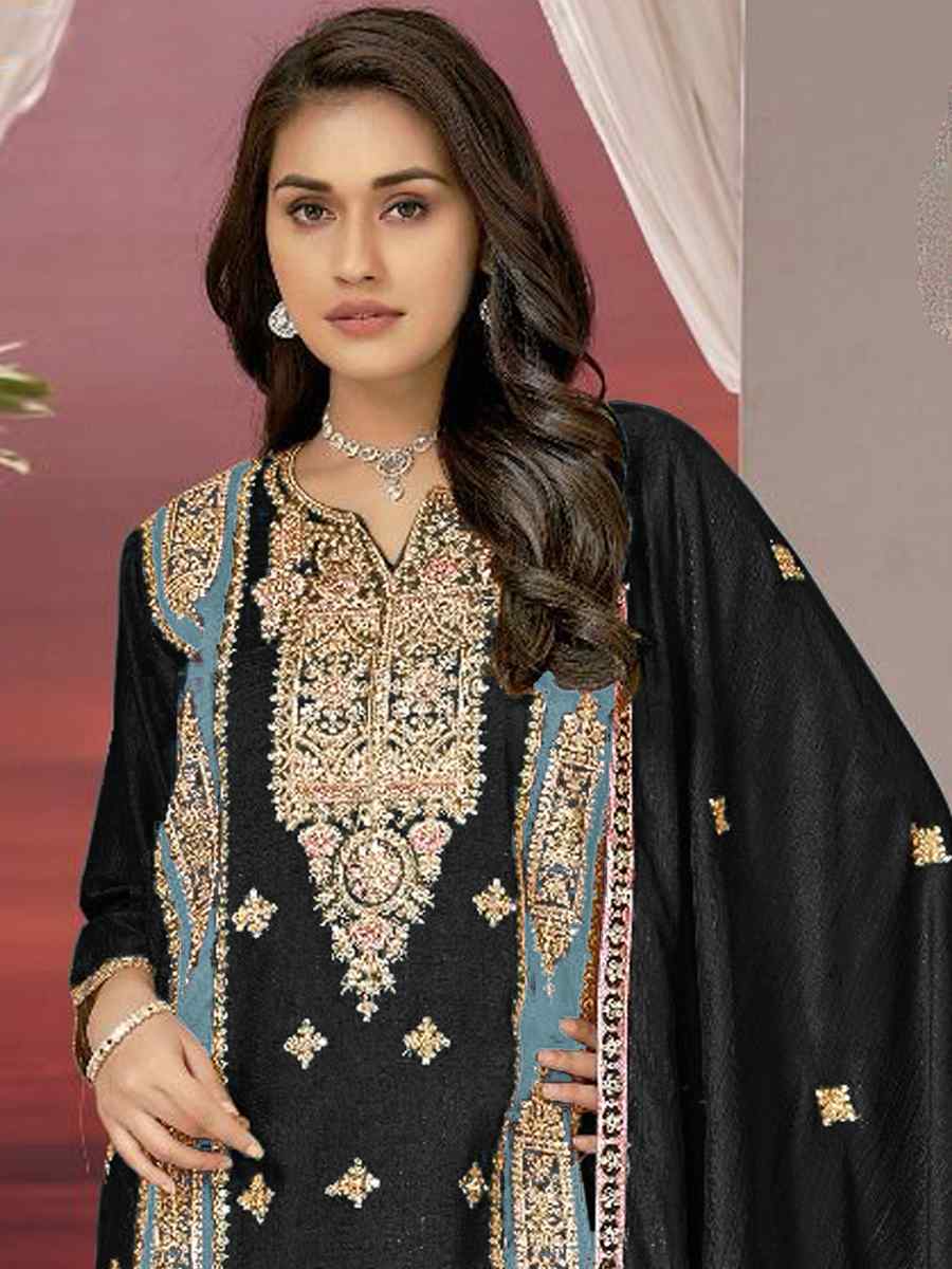 Black Chinon Silk Embroidered Festival Casual Pant Salwar Kameez