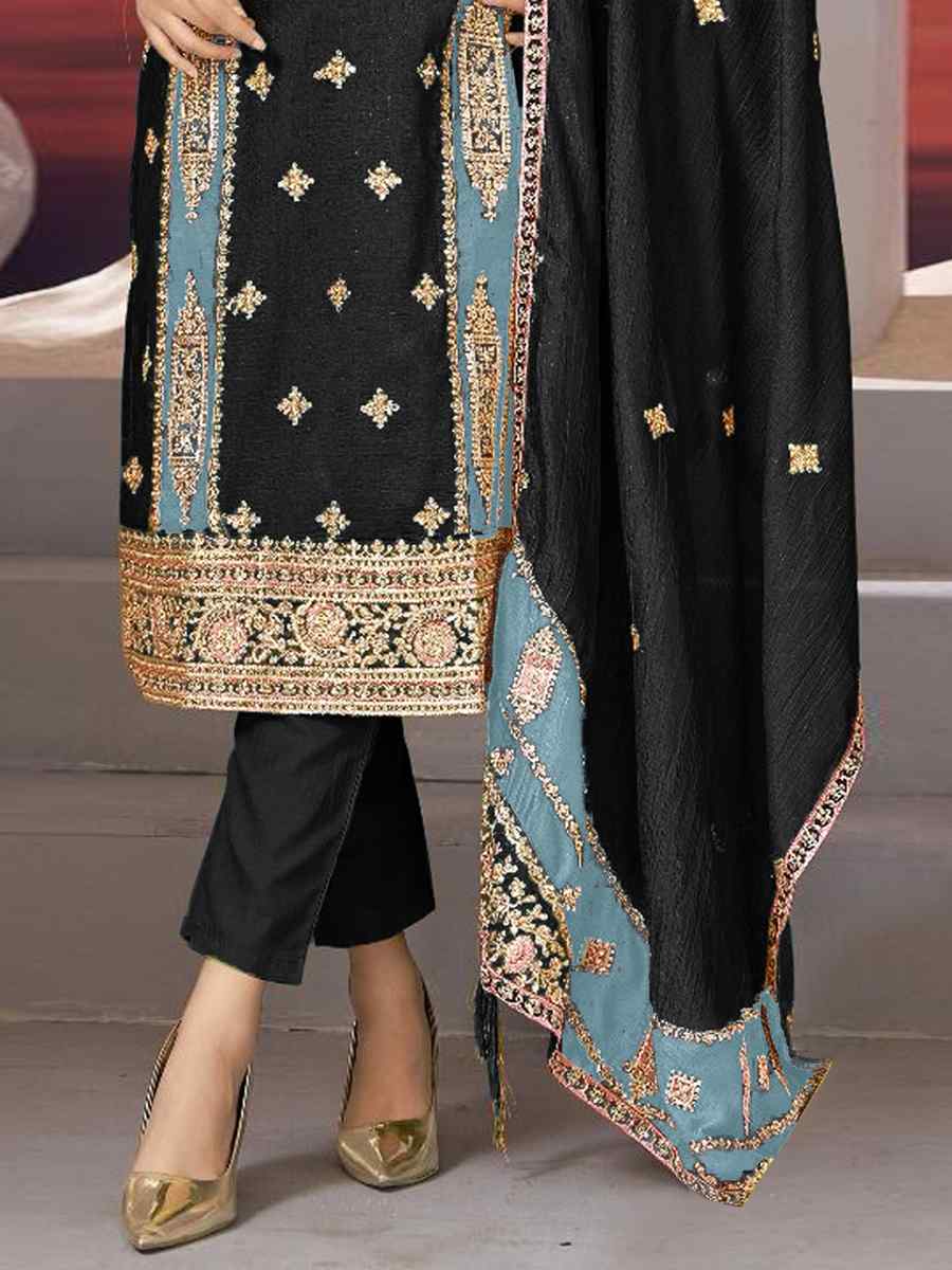 Black Chinon Silk Embroidered Festival Casual Pant Salwar Kameez