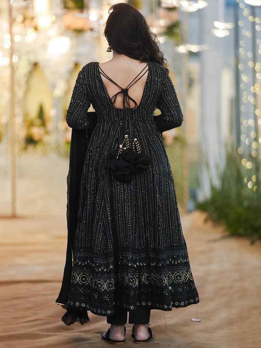 Black Faux Georgette Embroidered Festival Casual Gown