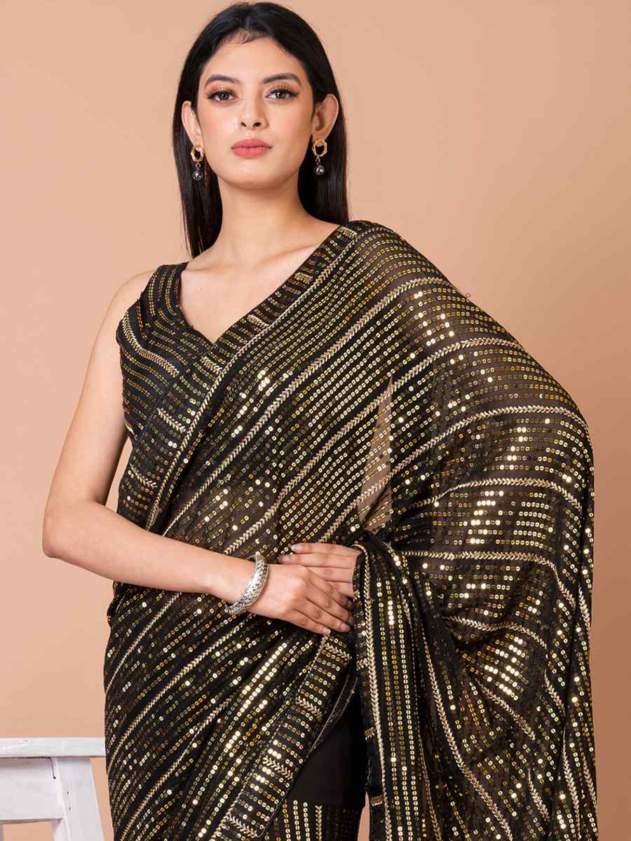 Black Gold Georgette Sequins Party Festival Classic Style Saree
