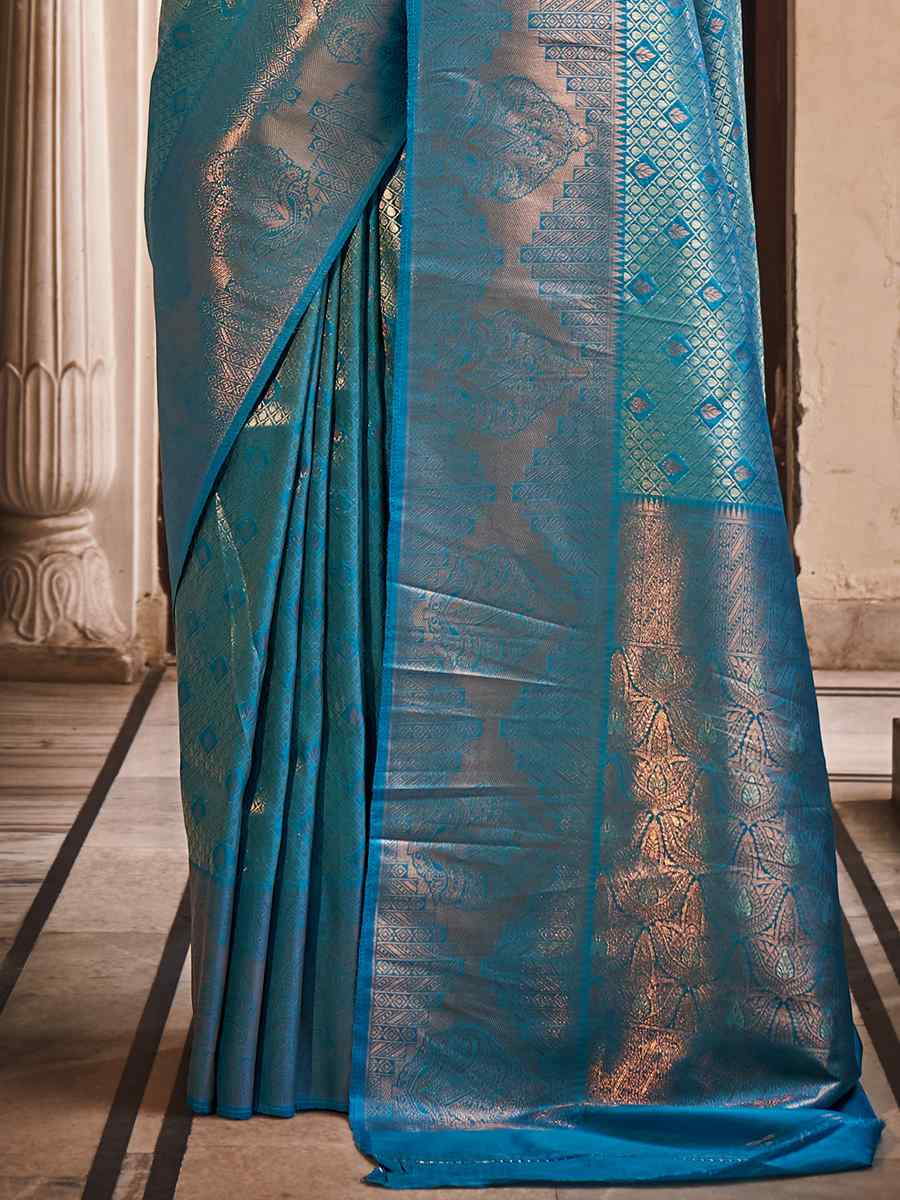 Blue Handloom Silk Handwoven Wedding Festival Heavy Border Saree