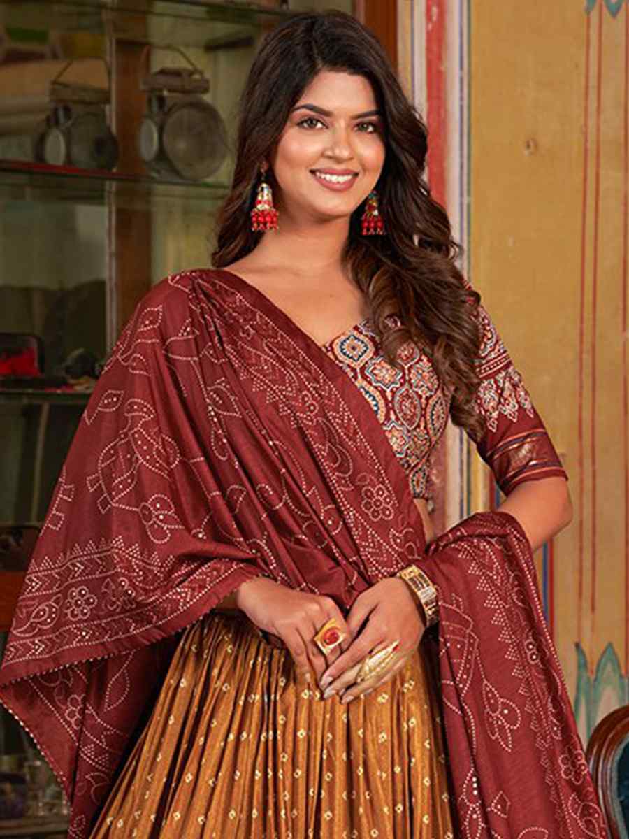 Brown Dola Silk Embroidered Festival Mehendi Traditional Lehenga Choli