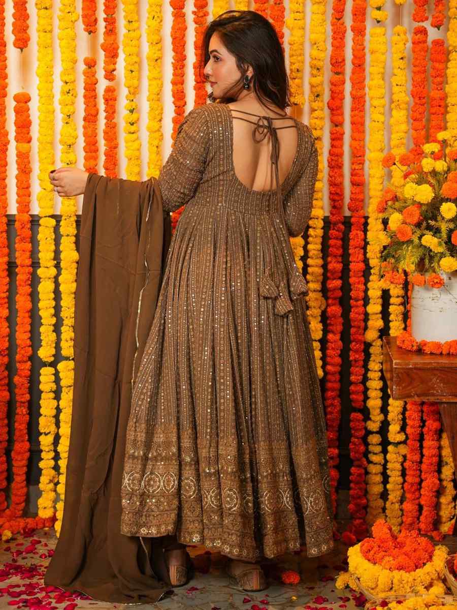 Brown Faux Georgette Embroidered Festival Casual Gown