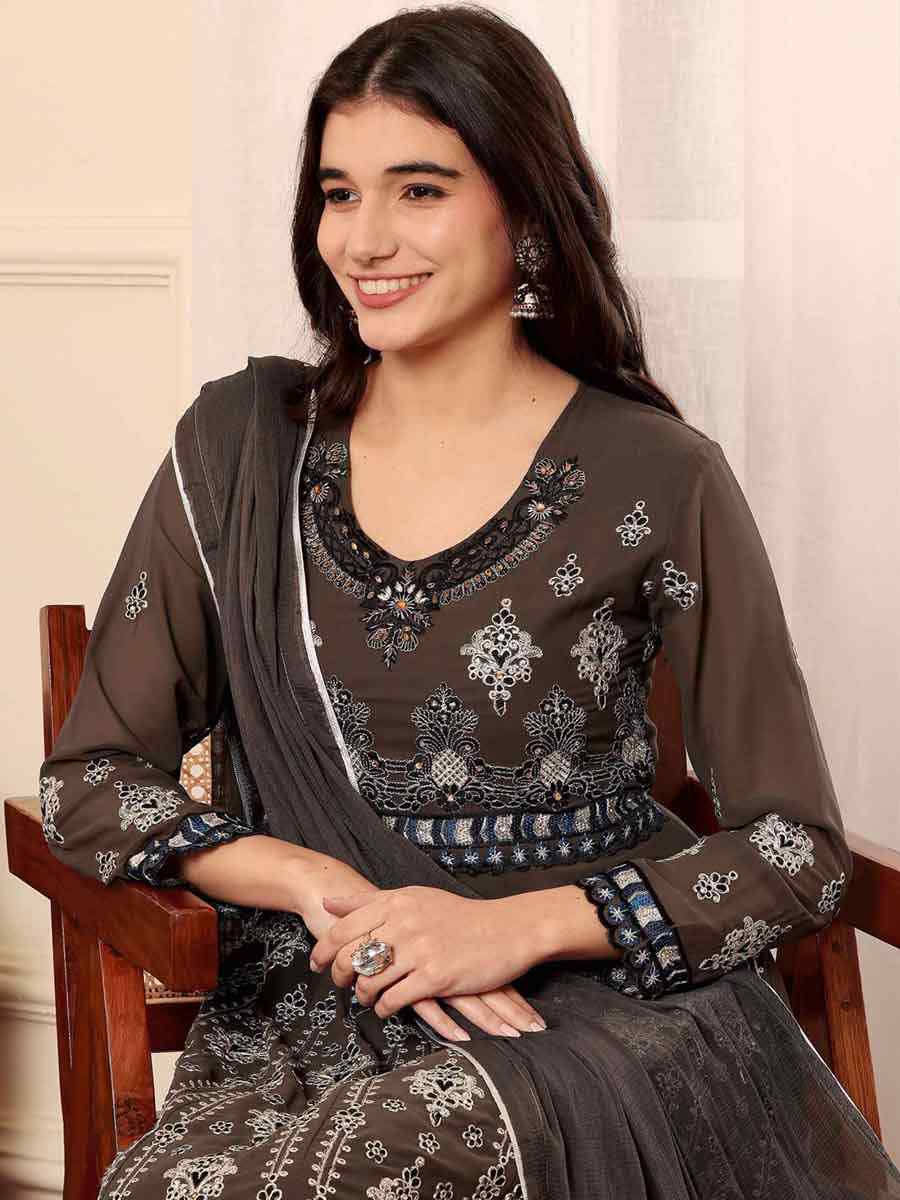 Brown Georgette Embroidered Festival Casual Pant Salwar Kameez