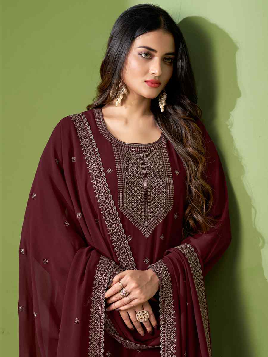 Brown Real Heavy Georgette Embroidered Festival Casual Pant Salwar Kameez