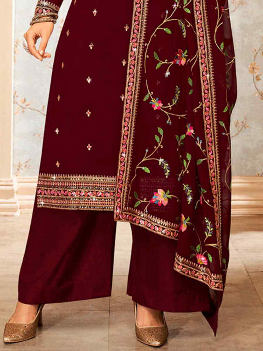 Coffee Real Georgette Embroidered Casual Festival Palazzo Pant Salwar Kameez