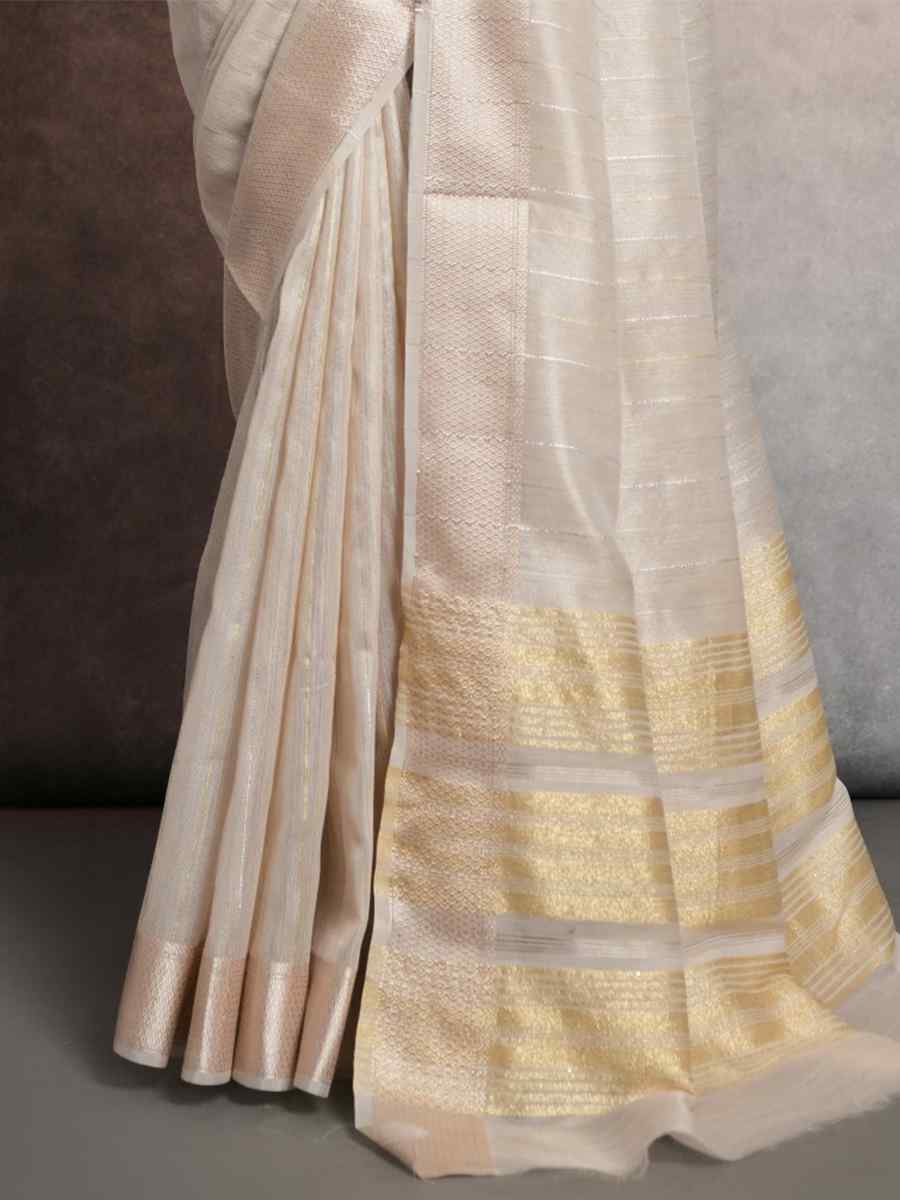 Cream Tissue Linen Handwoven Casual Festival Classic Style Saree