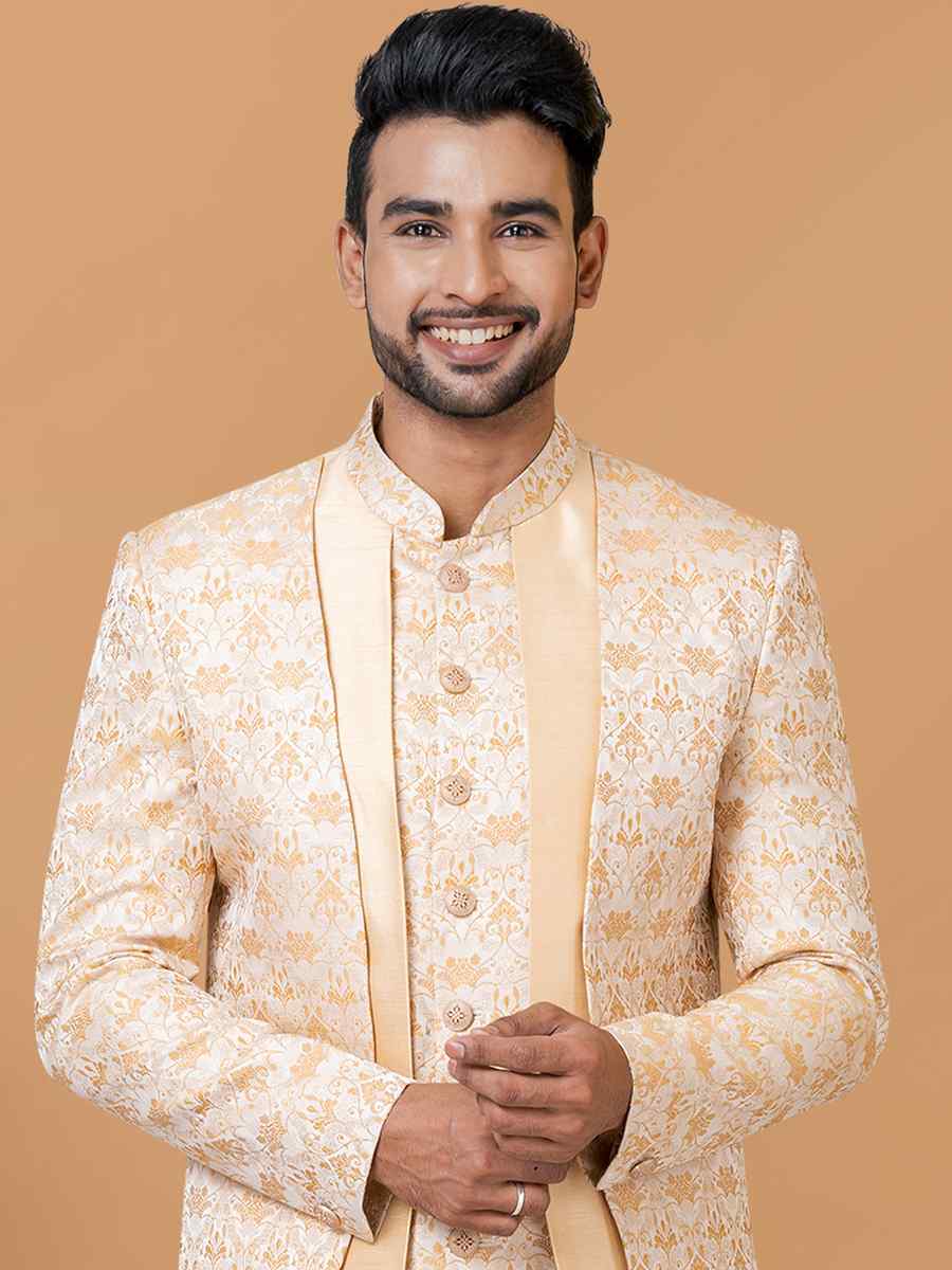 Creamish golden Jacquard Silk Woven Groom Wedding Sherwani