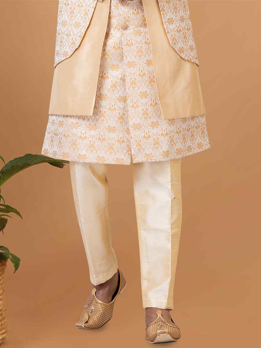 Creamish golden Jacquard Silk Woven Groom Wedding Sherwani