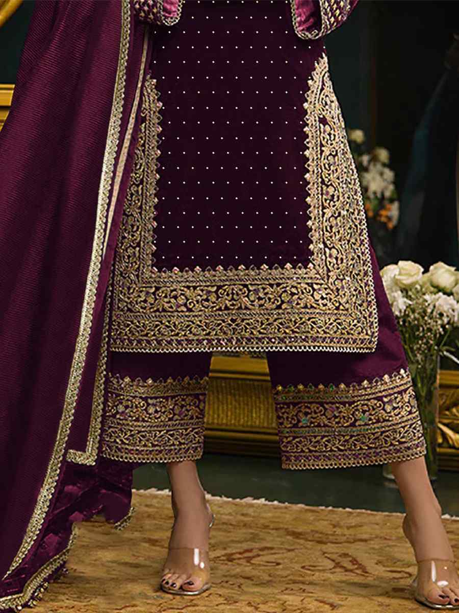 Dark Purple Pure Pure Viscose Velvet Embroidered Mehendi Wedding Pant Salwar Kameez