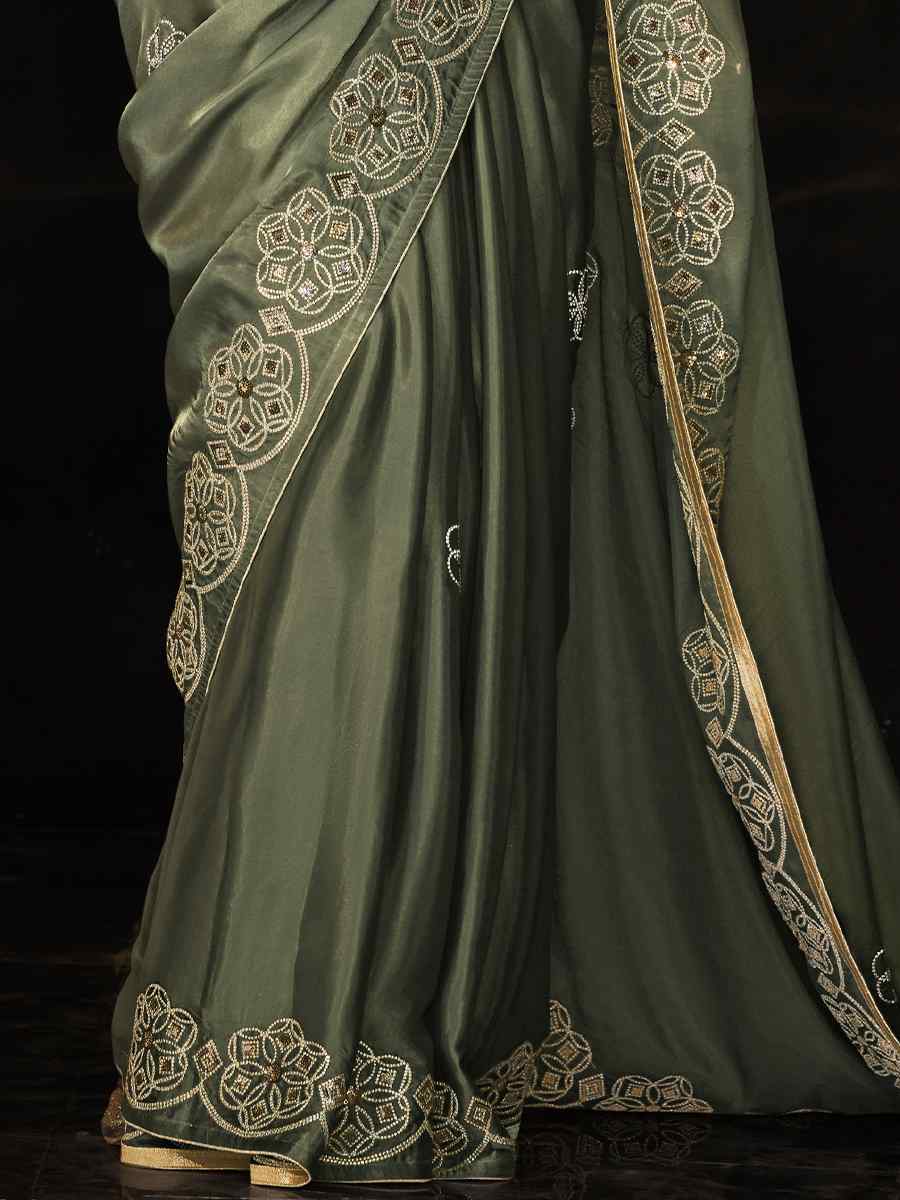 Dusty Green Glass Tissue Embroidered Wedding Festival Heavy Border Saree