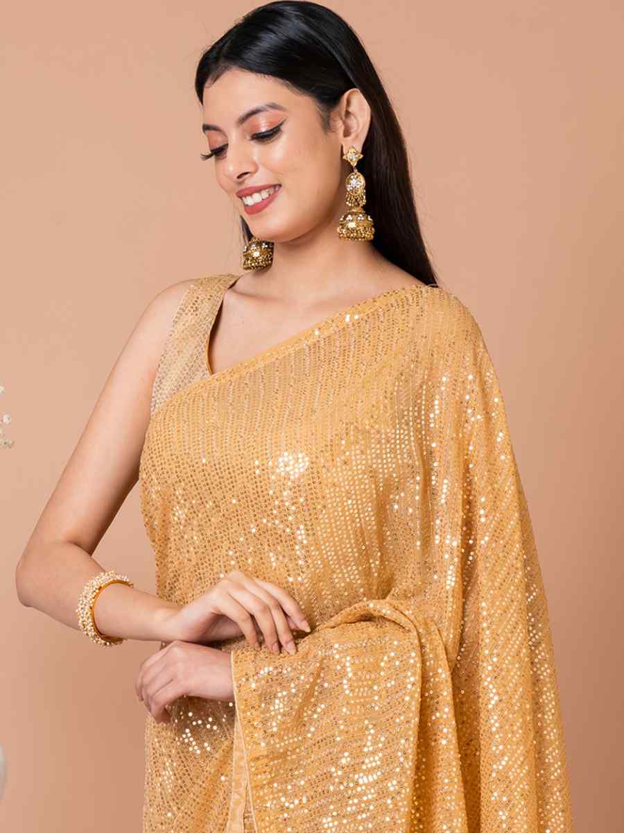 Gold Georgette Sequins Party Festival Classic Style Saree