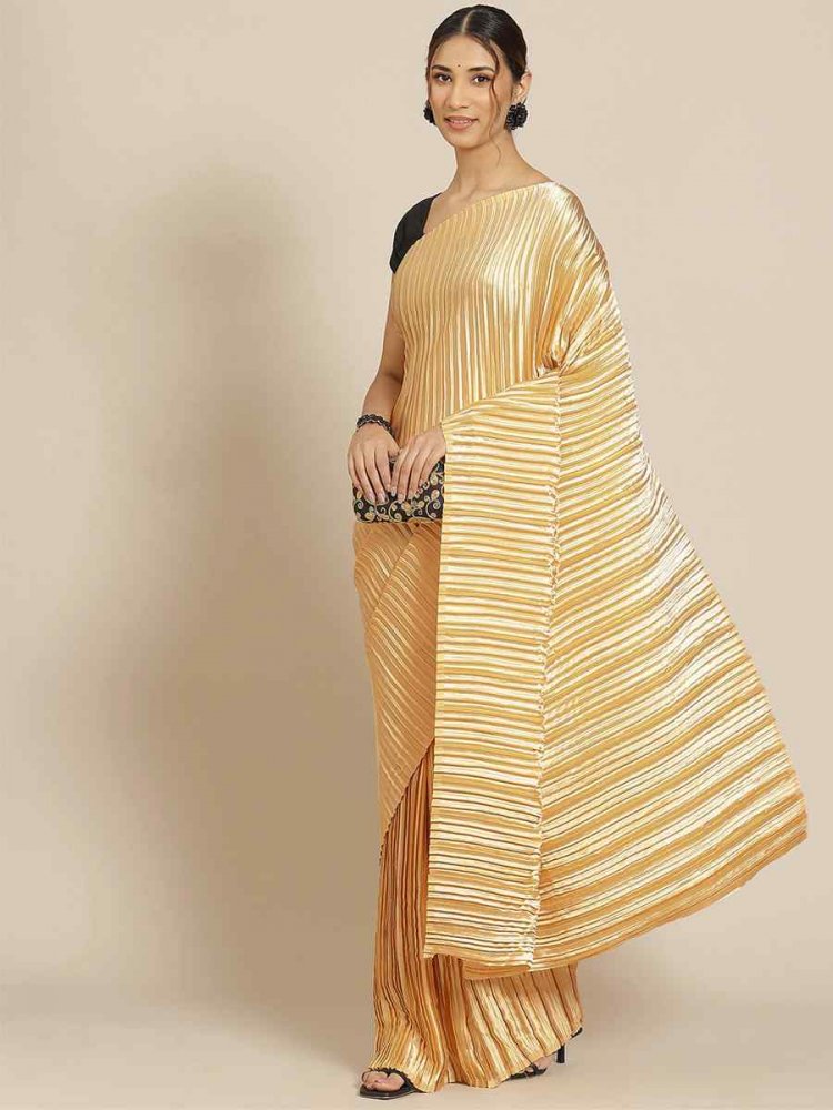 Gold Satin Silk Plain Casual Festival Classic Style Saree