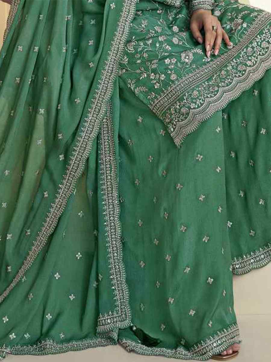 Green Chinon Embroidered Festival Wedding Palazzo Pant Salwar Kameez