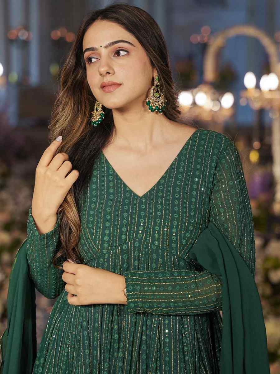 Green Faux Georgette Embroidered Festival Casual Gown
