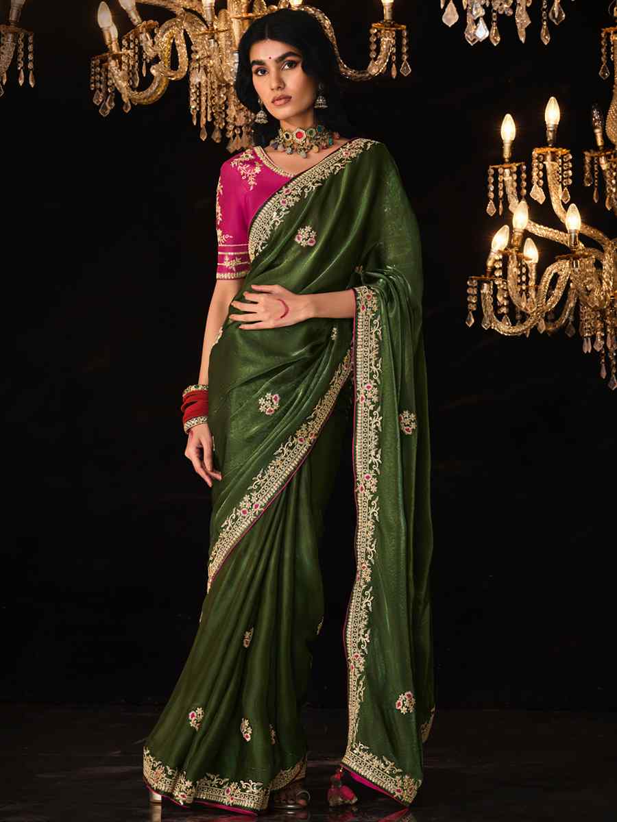 Green Glass Tissue Embroidered Wedding Festival Heavy Border Saree