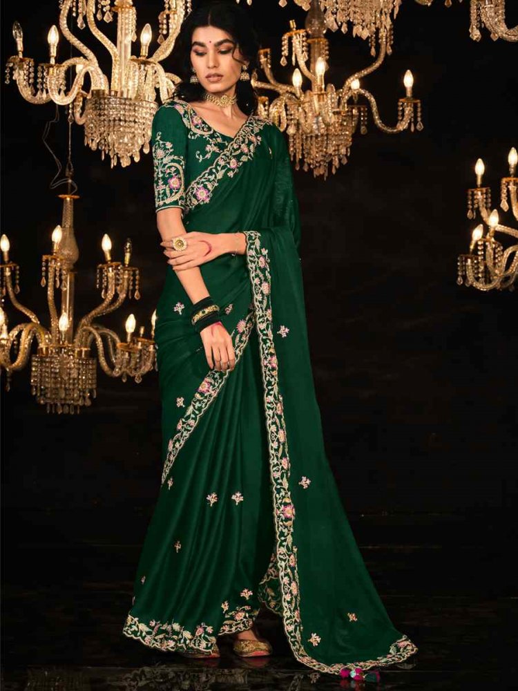 Green Malai Silk Embroidered Wedding Festival Heavy Border Saree