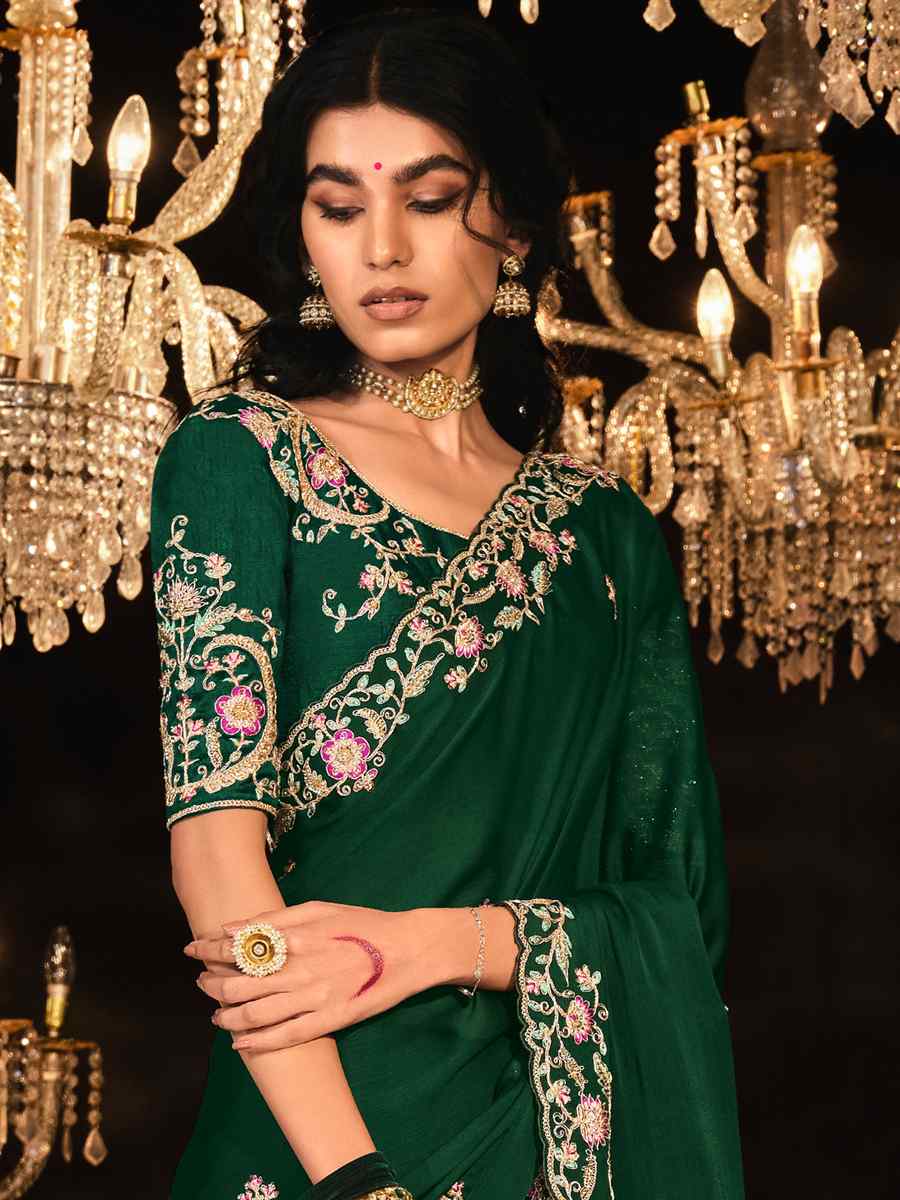 Green Malai Silk Embroidered Wedding Festival Heavy Border Saree