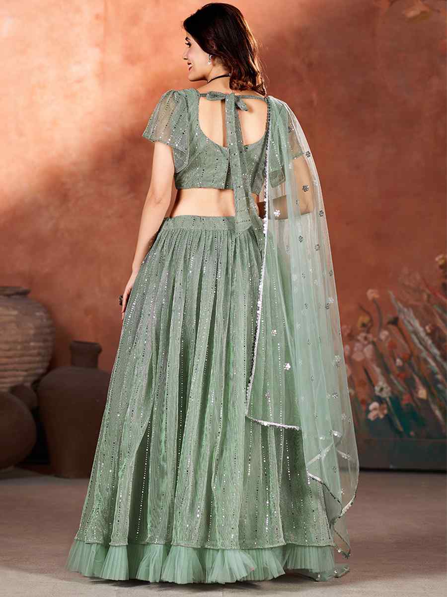 Green Net Embroidered Bridesmaid Wedding Heavy Border Lehenga Choli