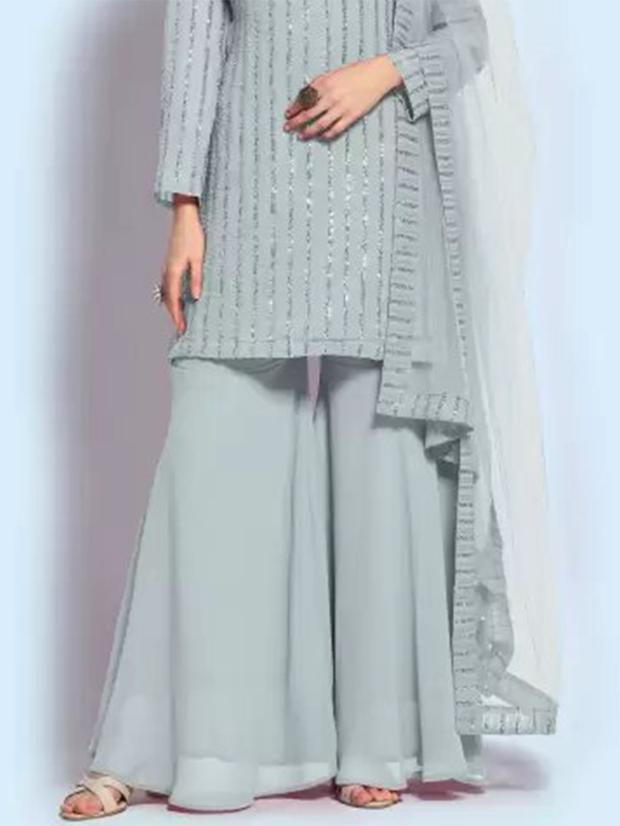 Grey Georgette Embroidered Festival Wedding Sharara Pant Salwar Kameez