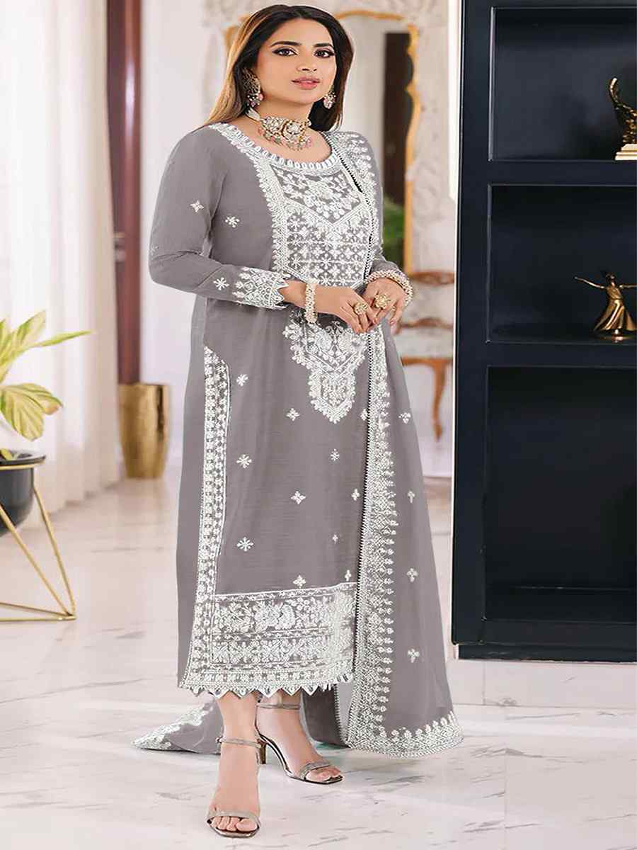 Grey Heavy Orgenza Embroidered Festival Casual Pant Salwar Kameez