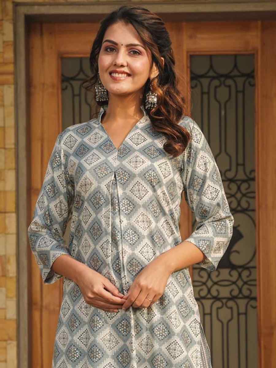 Grey Pure Royan Printed Festival Casual Kurti with Bottom