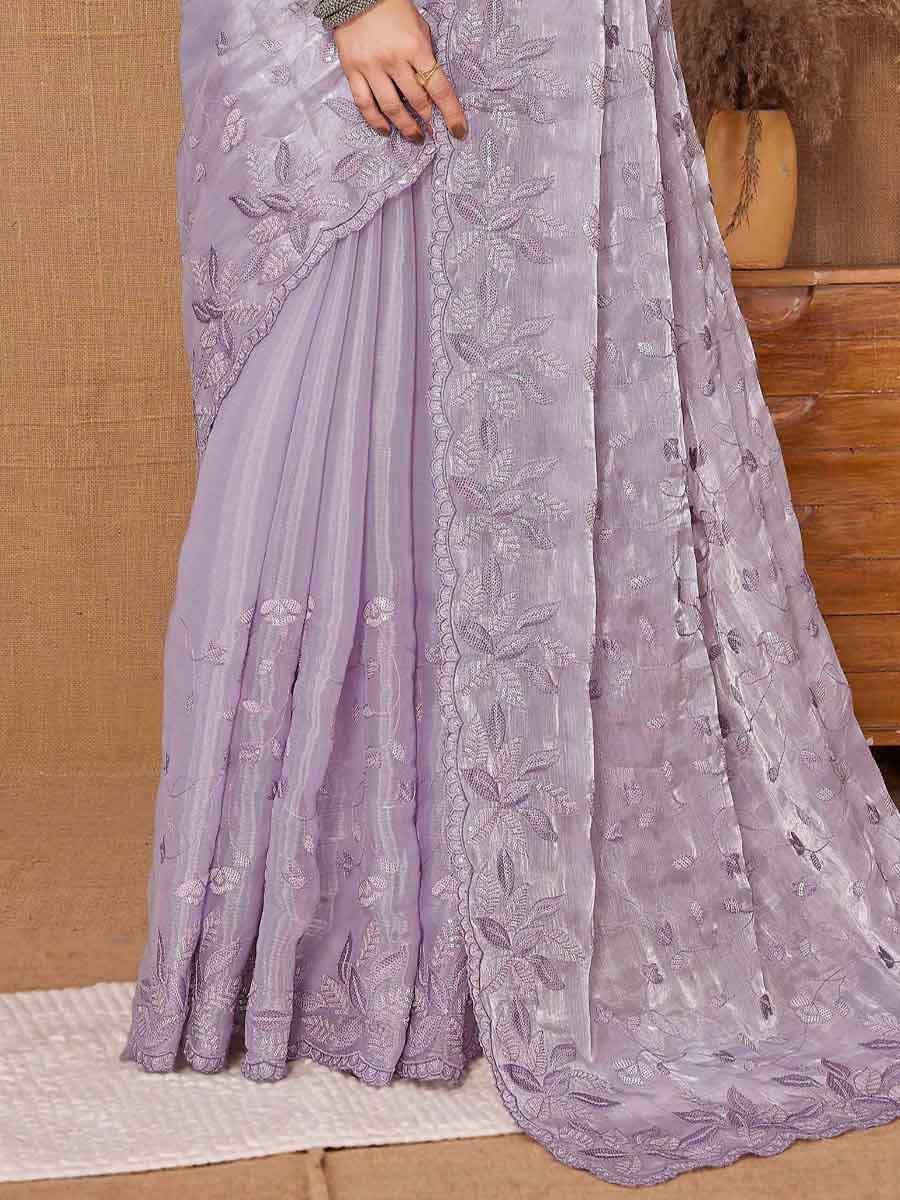 Lavender Burberry Silk Embroidered Festival Wedding Heavy Border Saree
