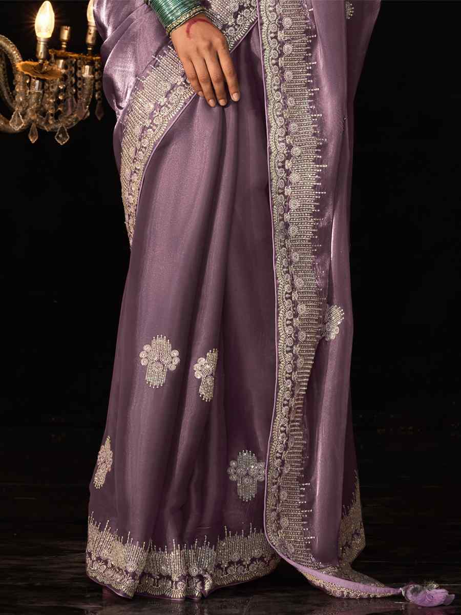Lavender Glass Tissue Embroidered Wedding Festival Heavy Border Saree