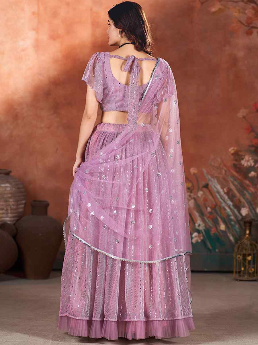 Lavender Net Embroidered Bridesmaid Wedding Heavy Border Lehenga Choli
