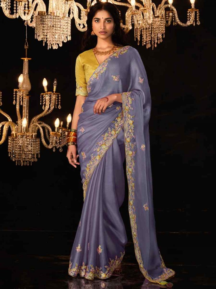 Lavender Pure Shimmer Embroidered Wedding Festival Heavy Border Saree