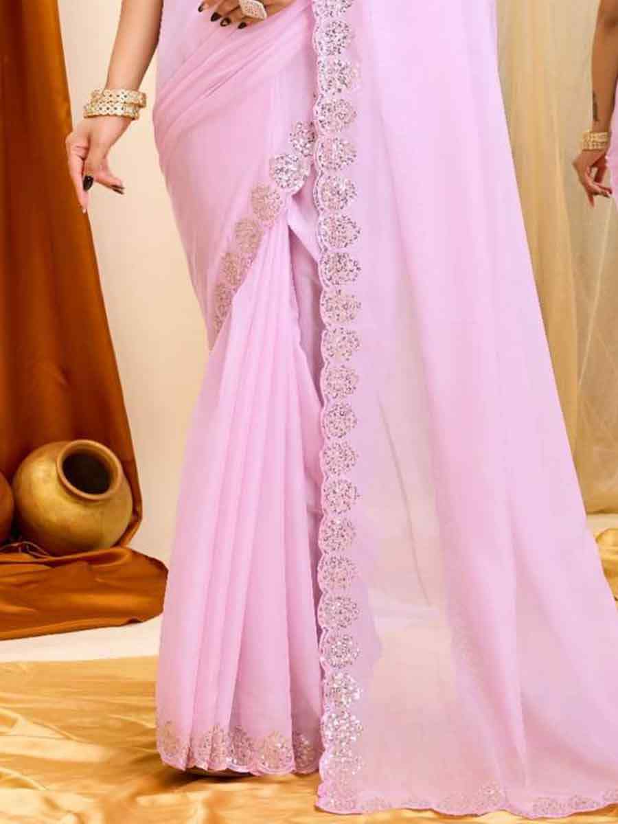 Light Pink Taby Organza Silk Embroidered Festival Wedding Heavy Border Saree
