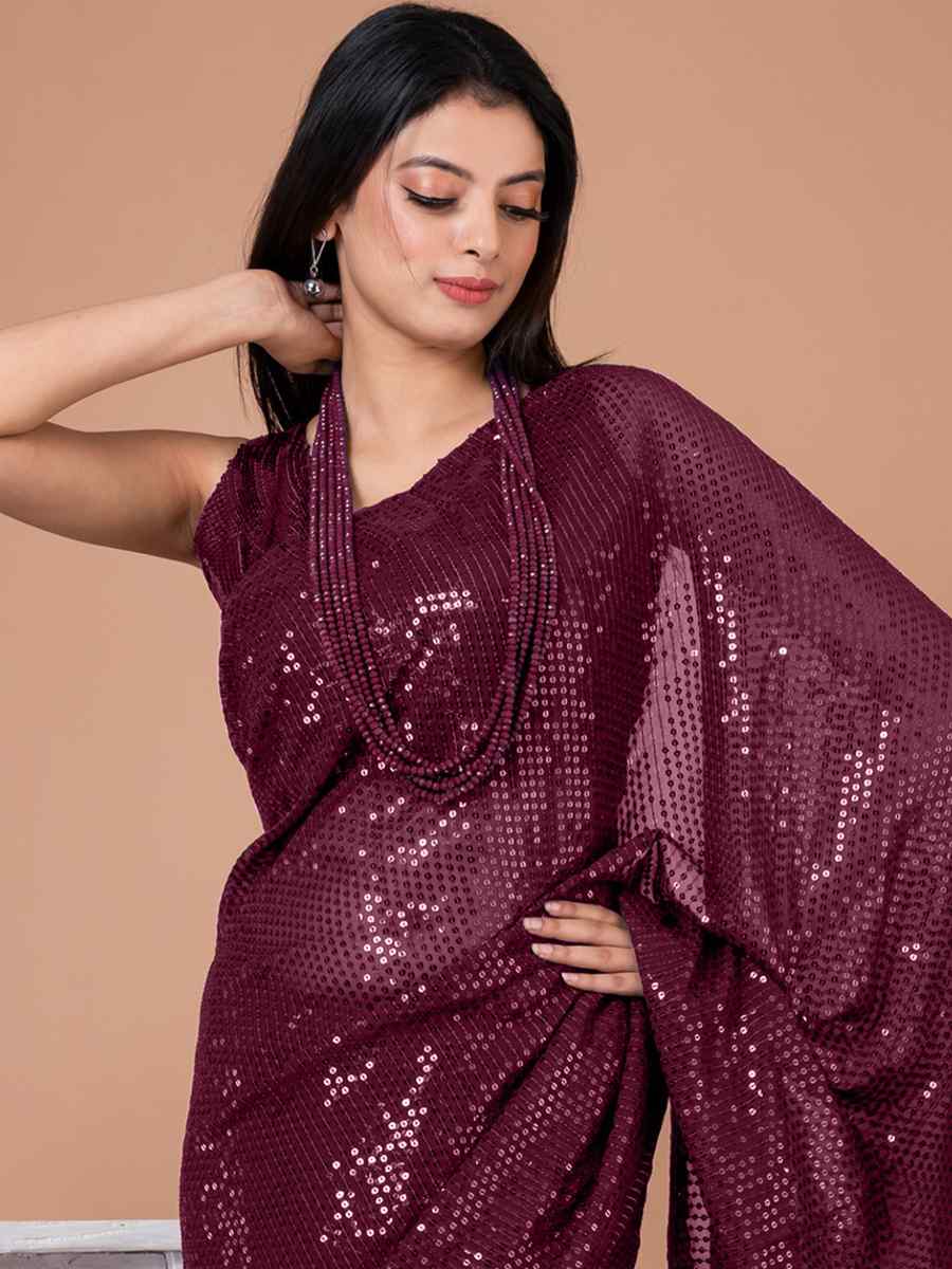 Magenta Georgette Sequins Party Festival Classic Style Saree