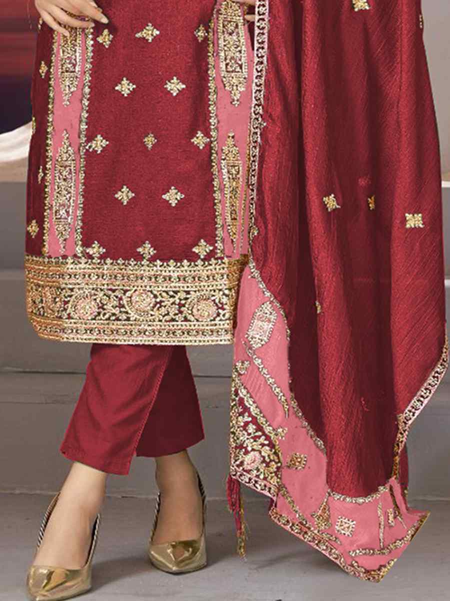 Maroon Chinon Silk Embroidered Festival Casual Pant Salwar Kameez