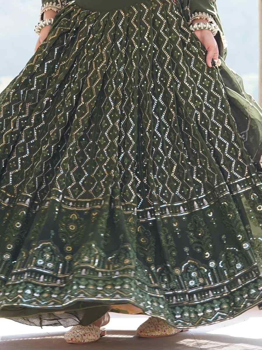 Mehendi Faux Georgette Embroidered Party Wear Wedding Heavy Border Lehenga Choli