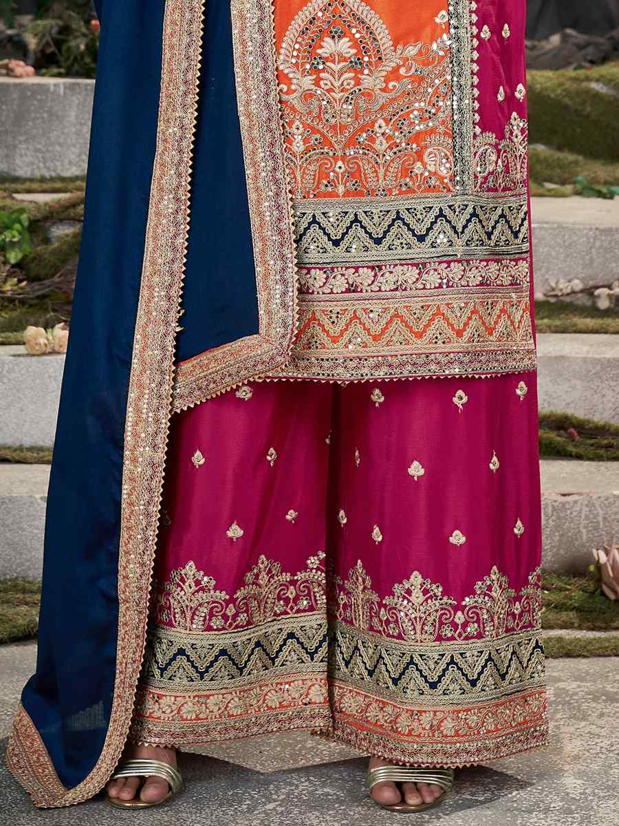 Multi Premium Chinnon Embroidered Festival Casual Palazzo Pant Salwar Kameez