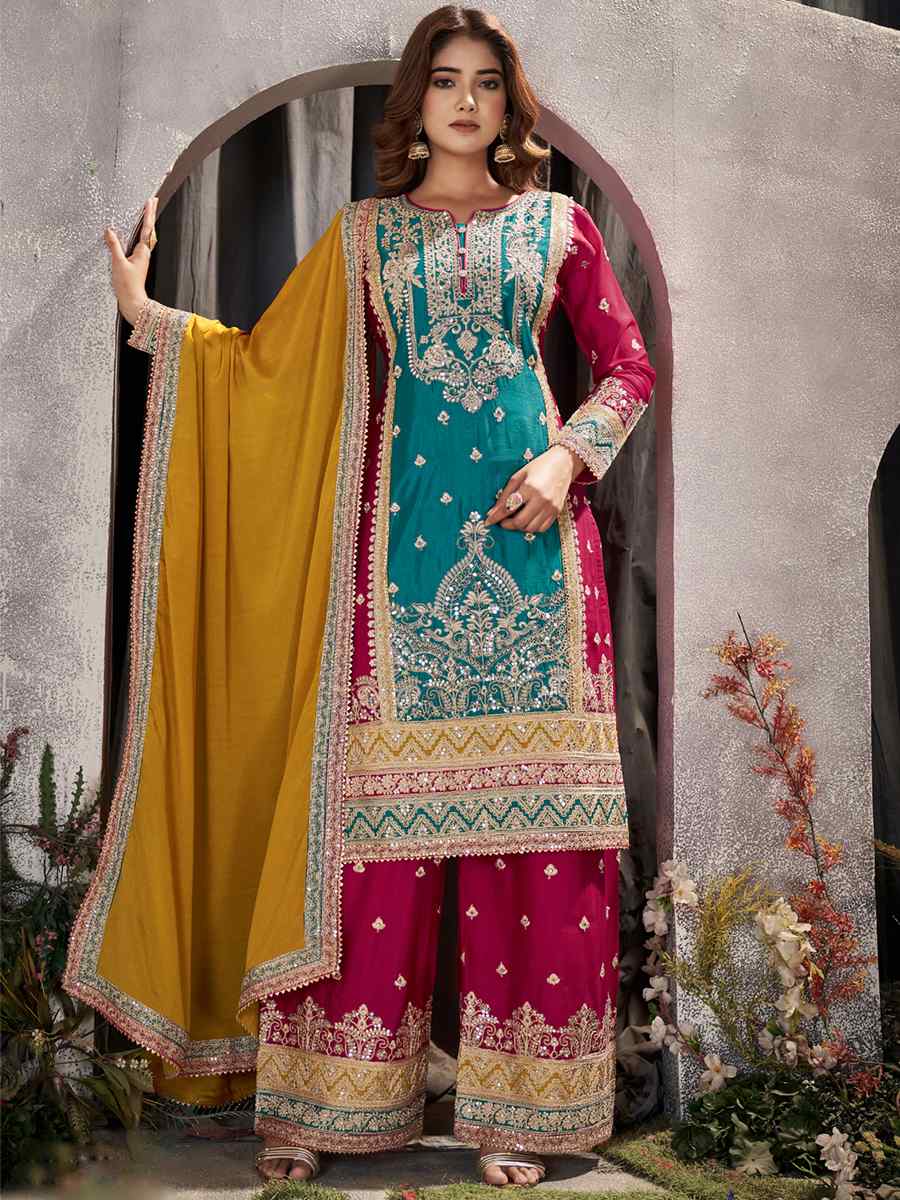 Multi Premium Chinnon Embroidered Festival Casual Palazzo Pant Salwar Kameez