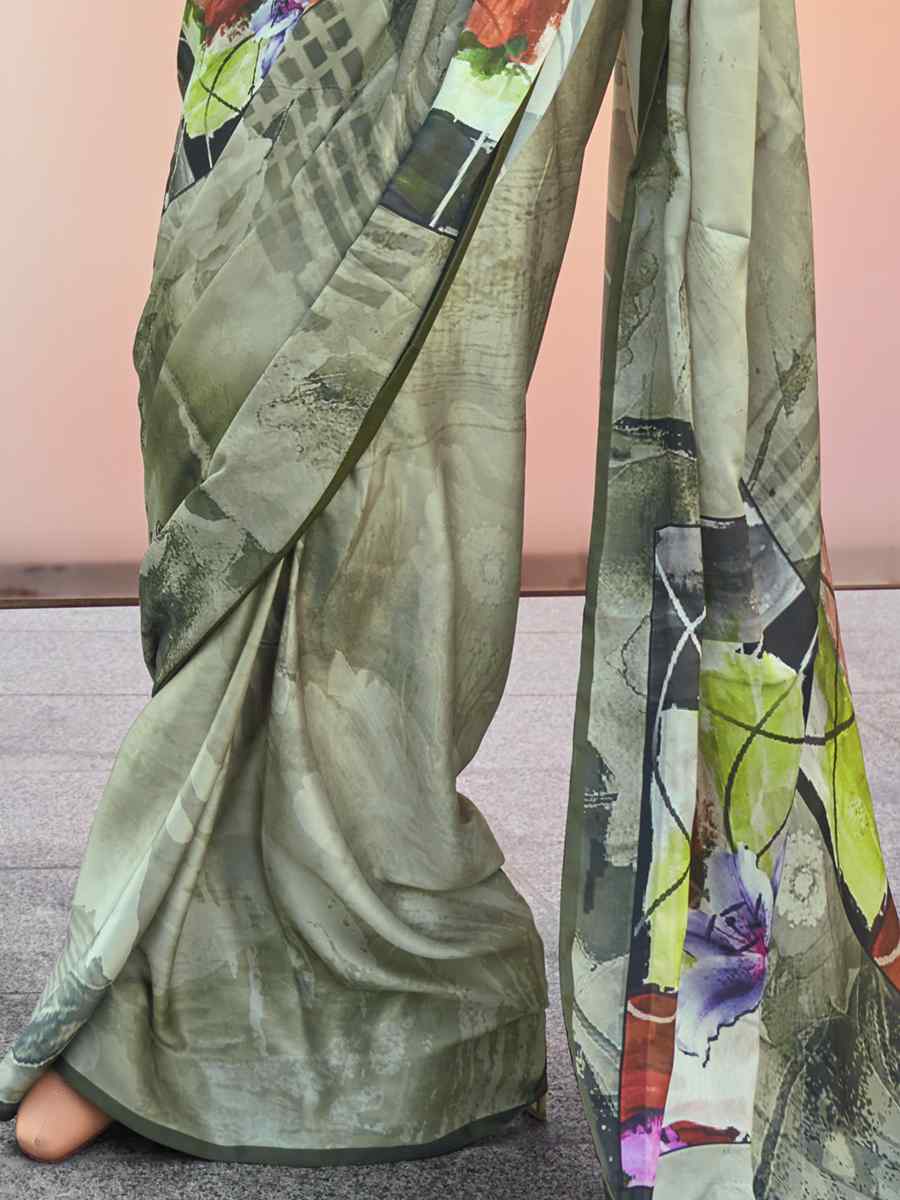 Multi Satin Silk Printed Casual Festival Contemporary Saree