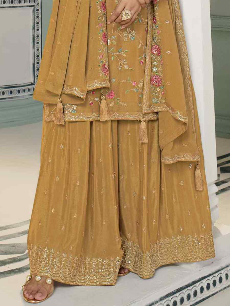 Mustard Heavy Blooming Viscose Chinon Embroidered Festival Wedding Palazzo Pant Bollywood Style Salwar Kameez