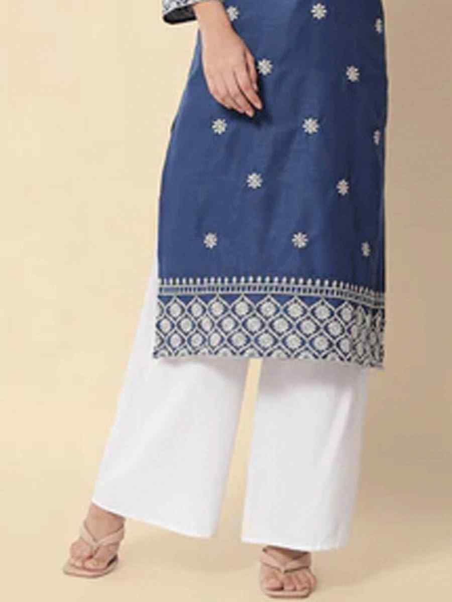 Navy Blue Cotton Blend Embroidered Casual Festival Kurti