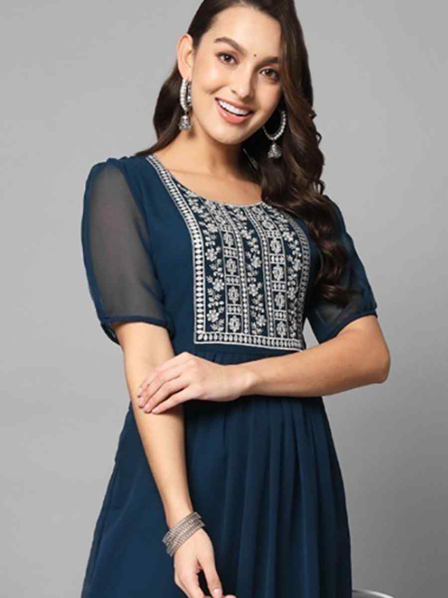 Navy Blue Georgette Embroidered Festival Casual Kurti
