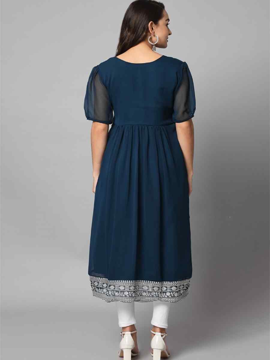 Navy Blue Georgette Embroidered Festival Casual Kurti