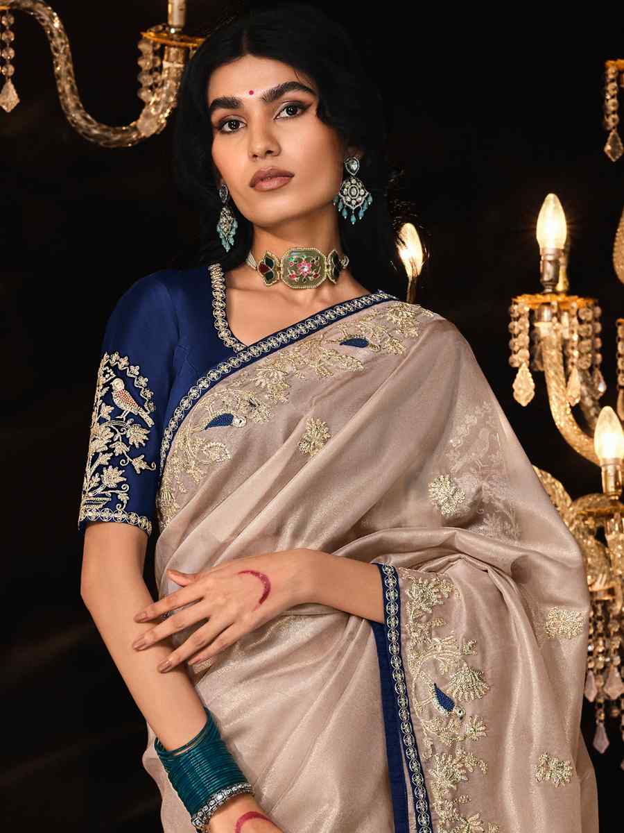 Off White Pure Shimmer Embroidered Wedding Festival Heavy Border Saree