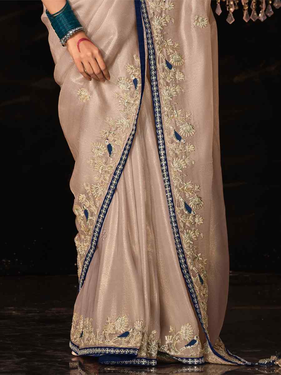 Off White Pure Shimmer Embroidered Wedding Festival Heavy Border Saree