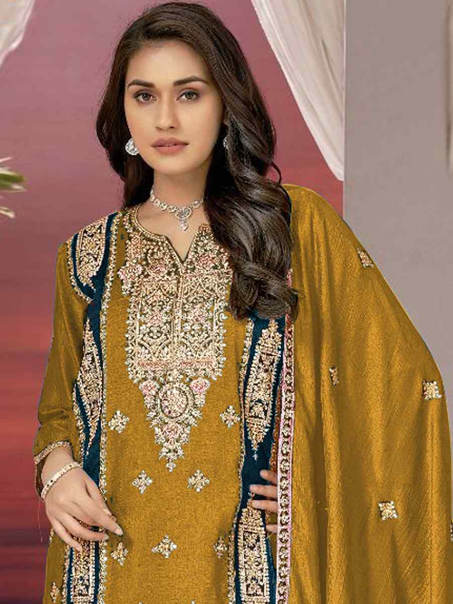 Olive Chinon Silk Embroidered Festival Casual Pant Salwar Kameez
