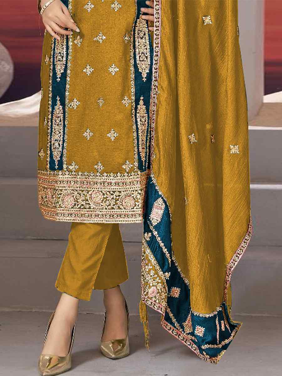 Olive Chinon Silk Embroidered Festival Casual Pant Salwar Kameez