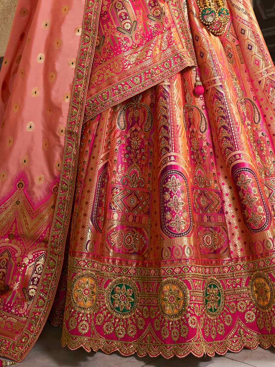 Peach Silk Embroidered Bridal Wedding Heavy Border Lehenga Choli