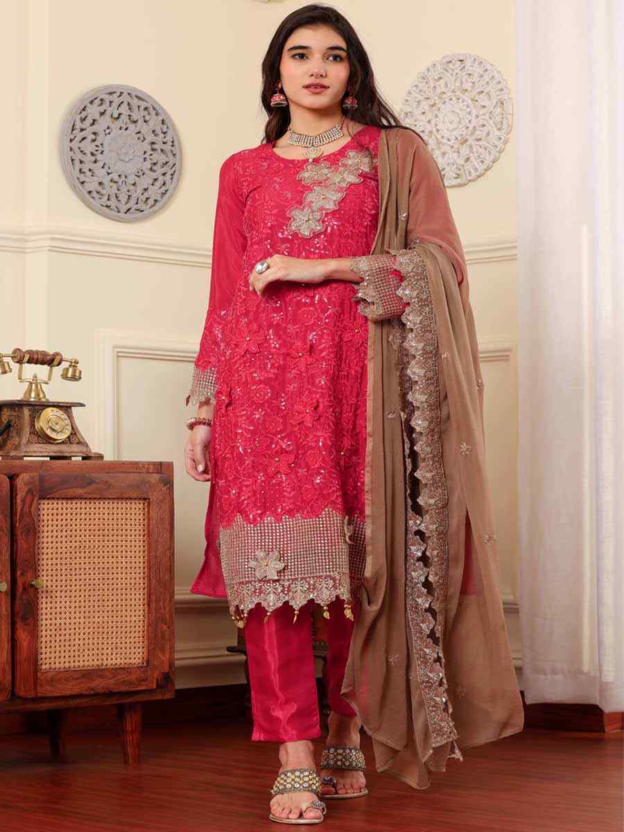 Pink Chinon Silk Embroidered Festival Casual Pant Salwar Kameez